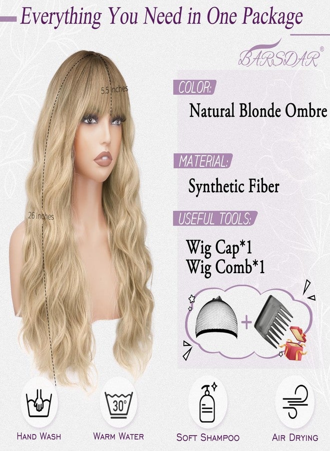 BARSDAR Long Wavy Natural Blonde Ombre Wig with Bangs - Long Wavy Blonde Ombre Wig with Dark Roots for Women - Thick Soft Synthetic Curly Wave Textured Face-Framing Bangs Natural Looking - Image 2